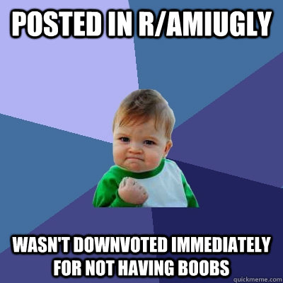 Posted in r/amiugly Wasn't downvoted immediately for not having boobs - Posted in r/amiugly Wasn't downvoted immediately for not having boobs  Success Kid