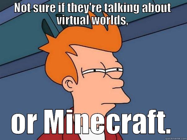 NOT SURE IF THEY'RE TALKING ABOUT VIRTUAL WORLDS, OR MINECRAFT. Futurama Fry