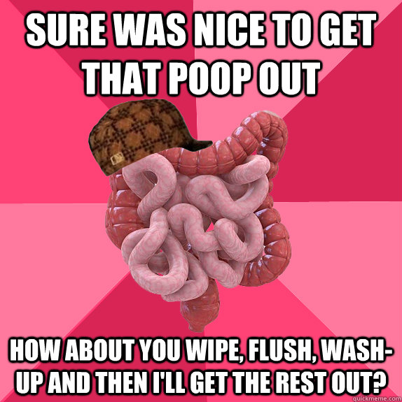 Sure was nice to get that poop out How about you wipe, flush, wash-up and then I'll get the rest out?  Scumbag Intestines