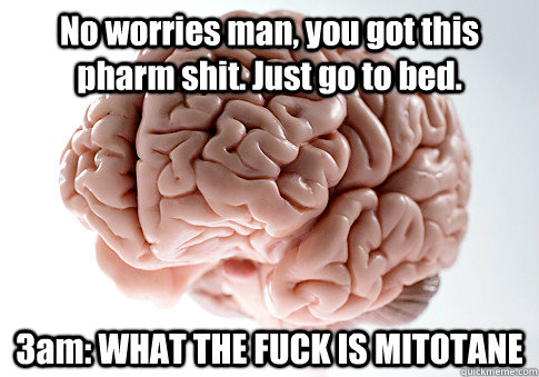 No worries man, you got this pharm shit. Just go to bed. 3am: WHAT THE FUCK IS MITOTANE   Scumbag Brain