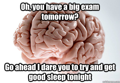 Oh, you have a big exam tomorrow? Go ahead I dare you to try and get good sleep tonight - Oh, you have a big exam tomorrow? Go ahead I dare you to try and get good sleep tonight  Scumbag Brain