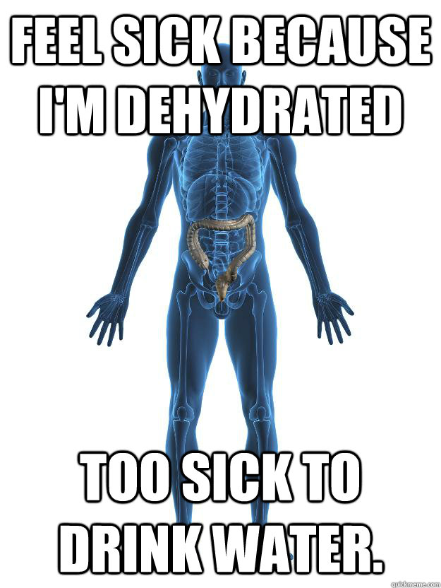 Feel sick because I'm dehydrated Too sick to drink water.  Scumbag human body