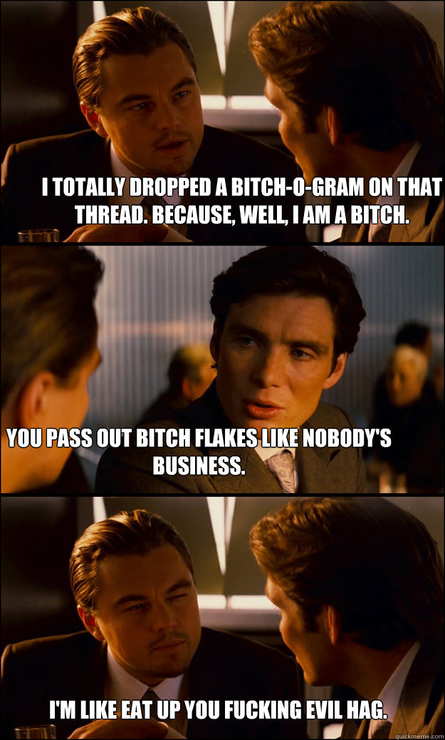 I totally dropped a bitch-o-gram on that thread. Because, well, I am a bitch. You pass out bitch flakes like nobody's business. I'm like EAT UP YOU FUCKING EVIL HAG.  Inception