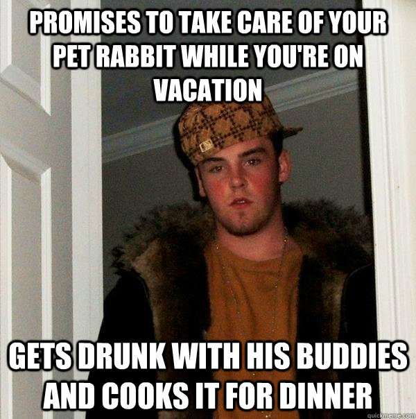 promises to take care of your pet rabbit while you're on vacation gets drunk with his buddies and cooks it for dinner  Scumbag Steve