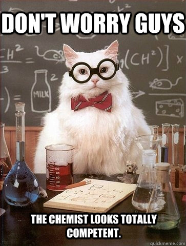 Don't worry guys The Chemist looks totally competent.  Chemistry Cat