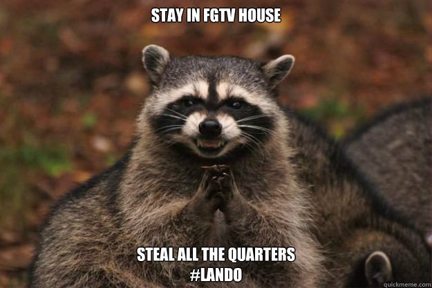 Stay in FGTV House Steal All the Quarters
#Lando  Evil Plotting Raccoon