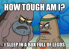 How tough am I? I sleep in a box full of legos  How tough am I