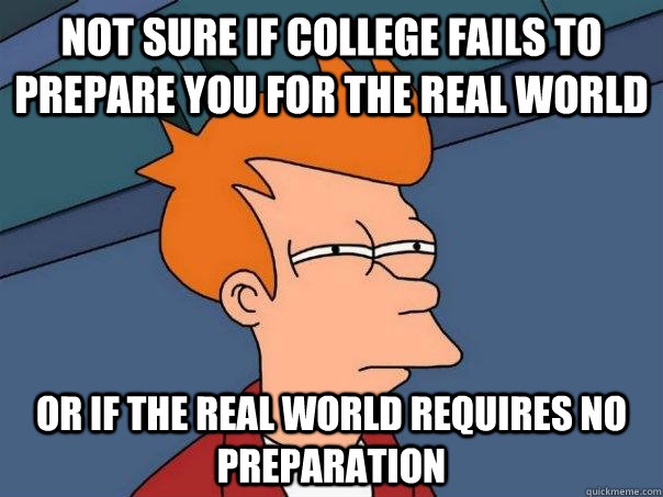 Not sure if college fails to prepare you for the real world Or if the real world requires no preparation  Futurama Fry