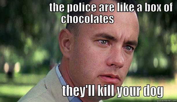                        THE POLICE ARE LIKE A BOX OF CHOCOLATES                        THEY'LL KILL YOUR DOG  Offensive Forrest Gump