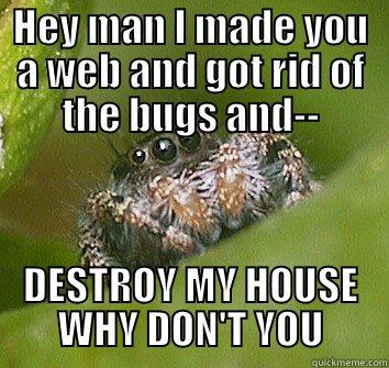 Hey man I made you a web and got rid of the bugs and-- DESTROY MY HOUSE WHY DON'T YOU - HEY MAN I MADE YOU A WEB AND GOT RID OF THE BUGS AND-- DESTROY MY HOUSE WHY DON'T YOU Misunderstood Spider