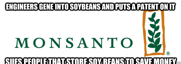 Engineers gene into soybeans and puts a patent on it Sues people that store soy beans to save money  Scumbag Monsanto