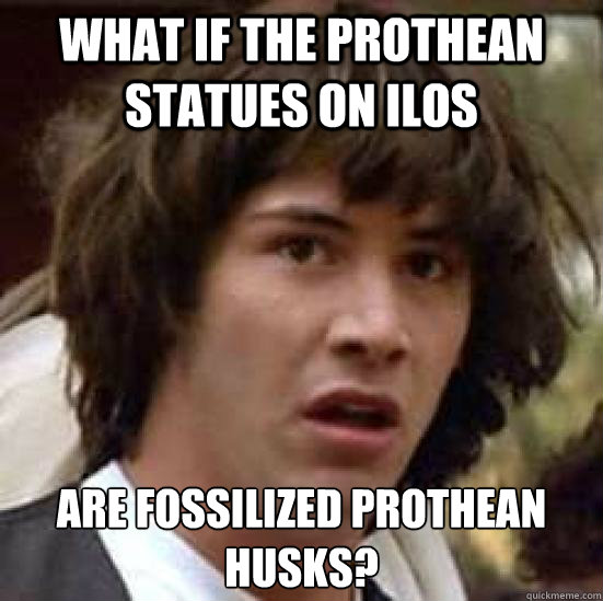 What if the prothean Statues on ilos are fossilized prothean husks?  conspiracy keanu