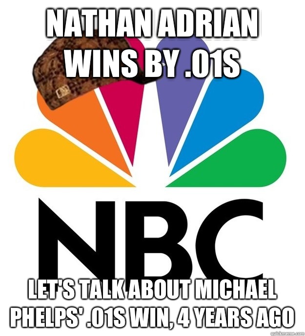 Nathan Adrian wins by .01s Let's talk about Michael Phelps' .01s win, 4 years ago - Nathan Adrian wins by .01s Let's talk about Michael Phelps' .01s win, 4 years ago  Scumbag NBC