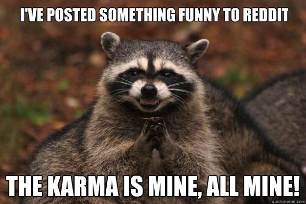 I'VE POSTED SOMETHING FUNNY TO REDDIT THE KARMA IS MINE, ALL MINE! - I'VE POSTED SOMETHING FUNNY TO REDDIT THE KARMA IS MINE, ALL MINE!  Evil Plotting Raccoon