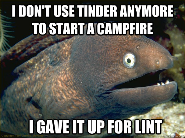 I don't use tinder anymore to start a campfire I gave it up for lint  Bad Joke Eel