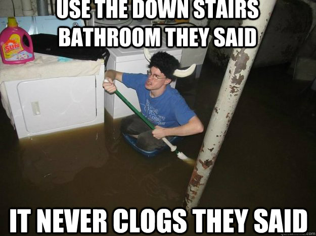 Use the down stairs bathroom they said  It never clogs they said  - Use the down stairs bathroom they said  It never clogs they said   Do the laundry they said