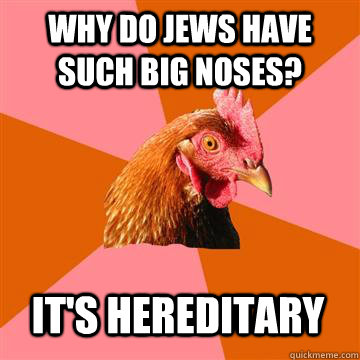 why do jews have such big noses? it's hereditary   Anti-Joke Chicken