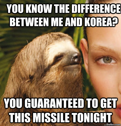 you know the difference between me and Korea? You guaranteed to get this missile tonight  rape sloth