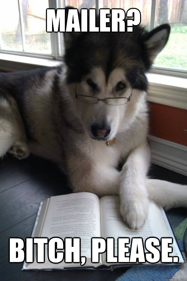 MAILER?
   BITCH, PLEASE. - MAILER?
   BITCH, PLEASE.  Condescending Literary Pun Dog