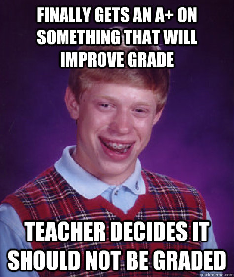 Finally gets an A+ on something that will improve grade Teacher decides it should Not be graded - Finally gets an A+ on something that will improve grade Teacher decides it should Not be graded  Bad Luck Brian