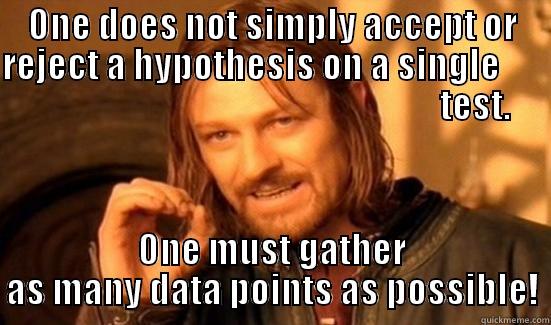 Testing one - ONE DOES NOT SIMPLY ACCEPT OR REJECT A HYPOTHESIS ON A SINGLE                                                                 TEST. ONE MUST GATHER AS MANY DATA POINTS AS POSSIBLE! Boromir