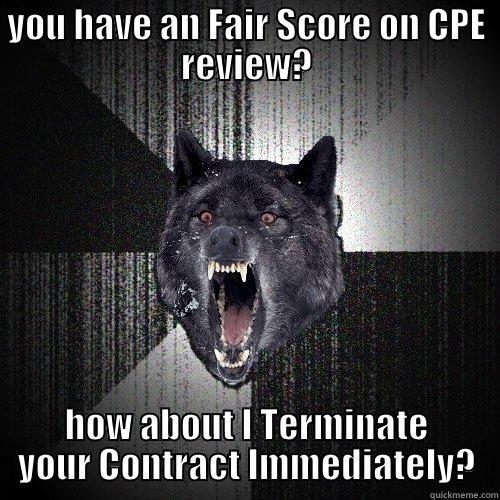 YOU HAVE AN FAIR SCORE ON CPE REVIEW? HOW ABOUT I TERMINATE YOUR CONTRACT IMMEDIATELY? Insanity Wolf