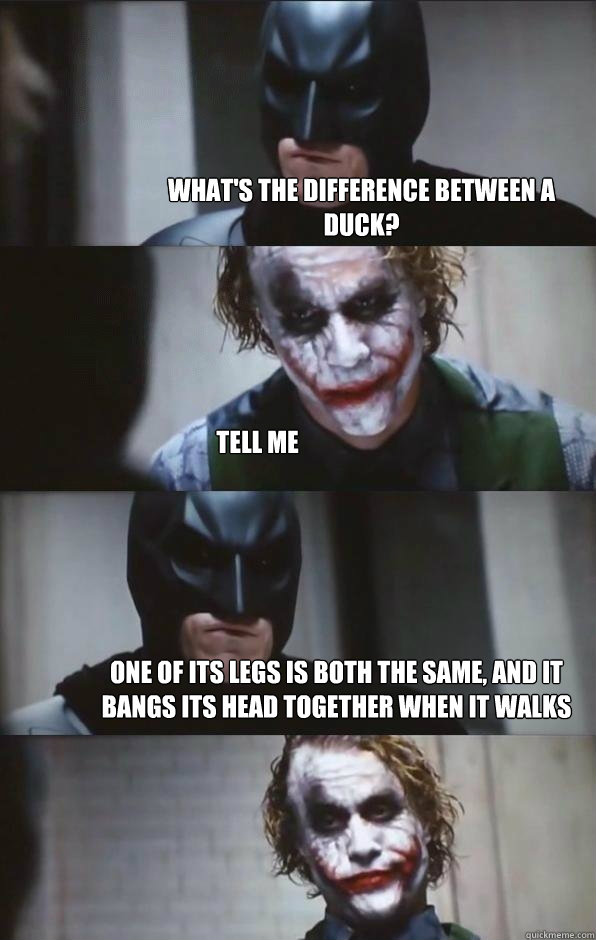 What's the difference between a duck? TELL ME One of its legs is both the same, and it bangs its head together when it walks  Batman Panel