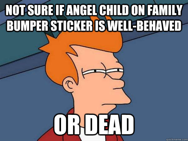 Not sure if angel child on family bumper sticker is well-behaved or dead  Futurama Fry