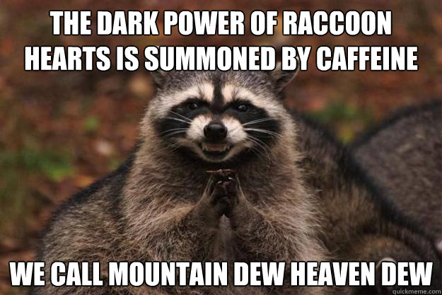 the dark power of raccoon hearts is summoned by caffeine we call mountain dew heaven dew  Evil Plotting Raccoon