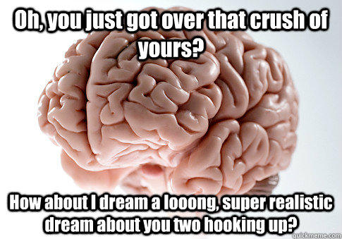 Oh, you just got over that crush of yours? How about I dream a looong, super realistic dream about you two hooking up?   Scumbag Brain