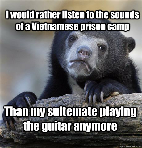 I would rather listen to the sounds of a Vietnamese prison camp Than my suitemate playing the guitar anymore  Confession Bear