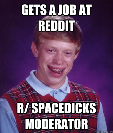 gets a job at reddit r/ spacedicks moderator  Bad Luck Brian