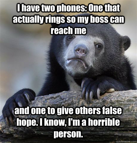 I have two phones: One that actually rings so my boss can reach me and one to give others false hope. I know, I'm a horrible person.  Confession Bear