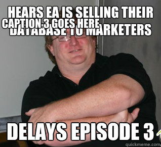 Hears EA is selling their database to marketers DELAYS EPISODE 3 Caption 3 goes here  Good Guy Gabe