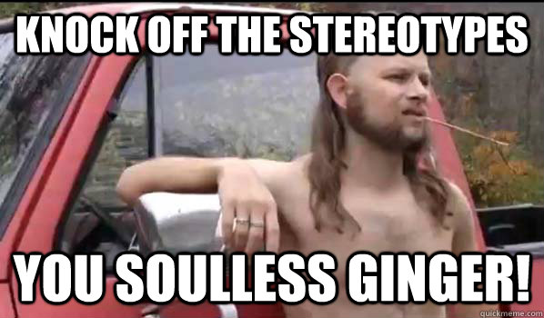 Knock off the stereotypes You soulless ginger!  Almost Politically Correct Redneck