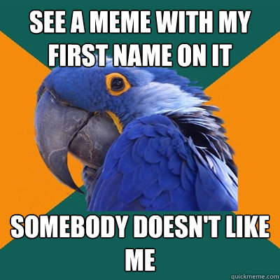 see a meme with my first name on it somebody doesn't like me  Paranoid Parrot