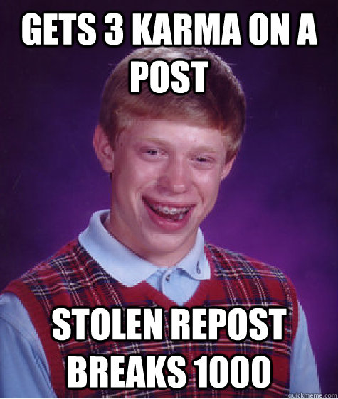 Gets 3 Karma on a post Stolen repost breaks 1000  Bad Luck Brian