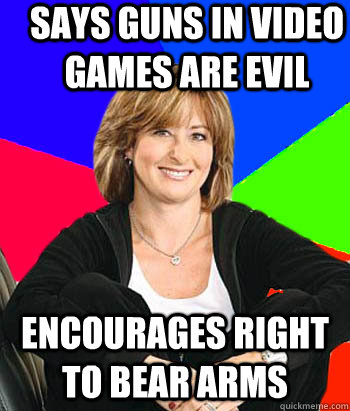 Says Guns in Video games are evil Encourages right to bear arms  Sheltering Suburban Mom