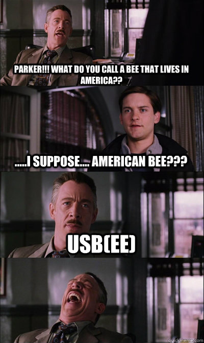 Parker!!! WHAT do you call a Bee that lives in America?? .....i suppose.... American BEE??? USB(ee)   JJ Jameson