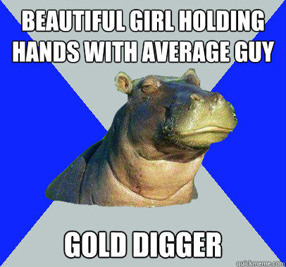 Beautiful girl holding hands with average guy Gold digger  