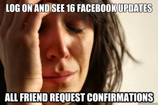 log on and see 16 facebook updates All friend request confirmations  First World Problems