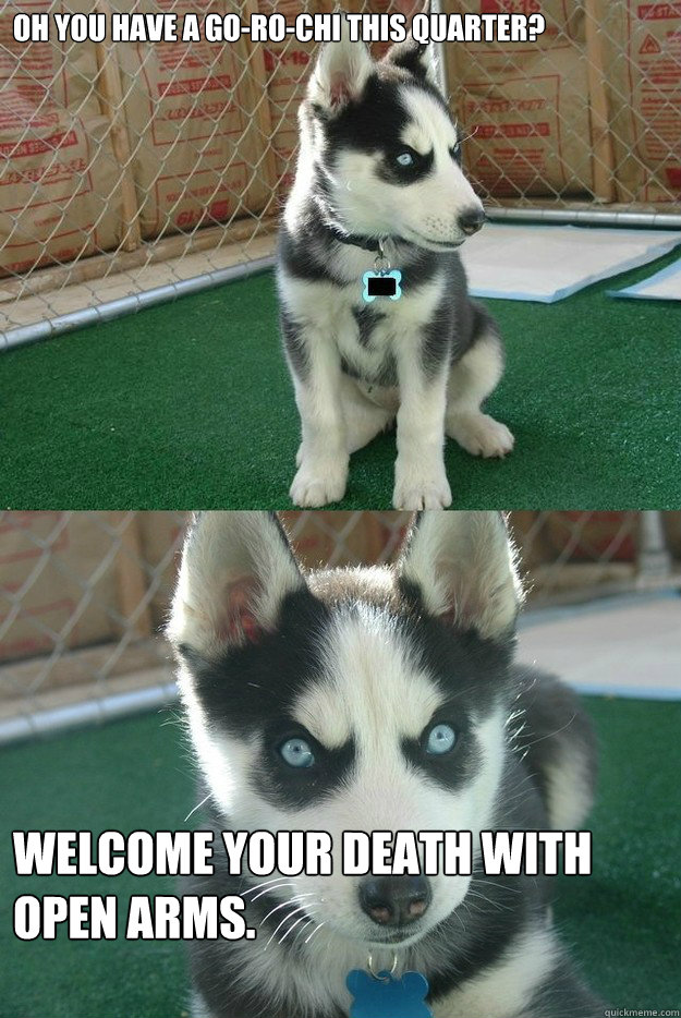 Oh you have a go-ro-chi this quarter? Welcome your death with open arms.  Insanity puppy