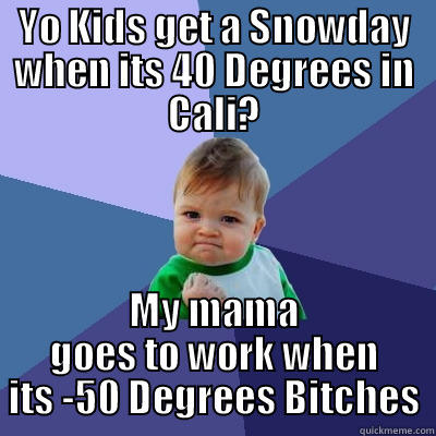 YO KIDS GET A SNOWDAY WHEN ITS 40 DEGREES IN CALI? MY MAMA GOES TO WORK WHEN ITS -50 DEGREES BITCHES Success Kid