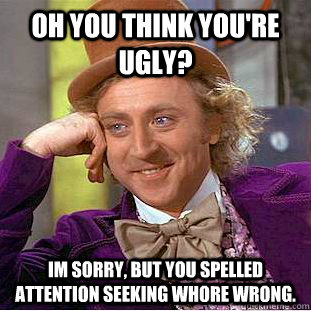 Oh you think you're ugly? Im sorry, but you spelled attention seeking whore wrong. - Oh you think you're ugly? Im sorry, but you spelled attention seeking whore wrong.  Condescending Wonka