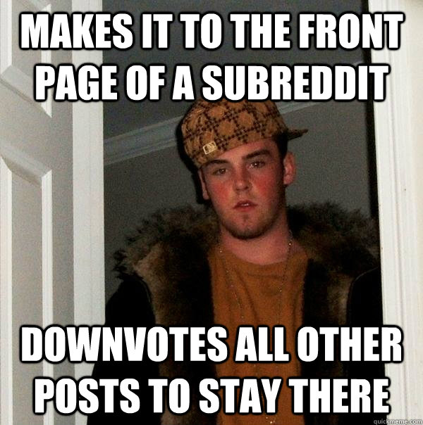 Makes it to the front page of a subreddit Downvotes all other posts to stay there  Scumbag Steve