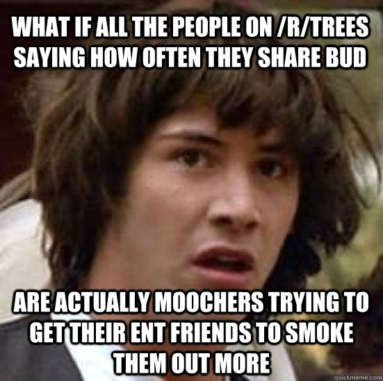 What if all the people on /r/trees saying how often they share bud are actually moochers trying to get their ent friends to smoke them out more  conspiracy keanu