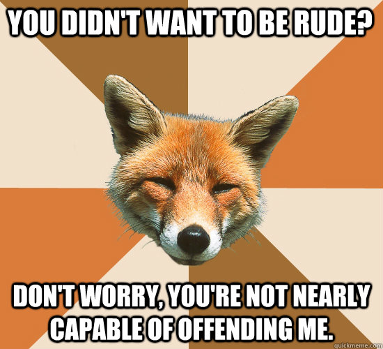 You didn't want to be rude? Don't worry, you're not nearly capable of offending me.  Condescending Fox