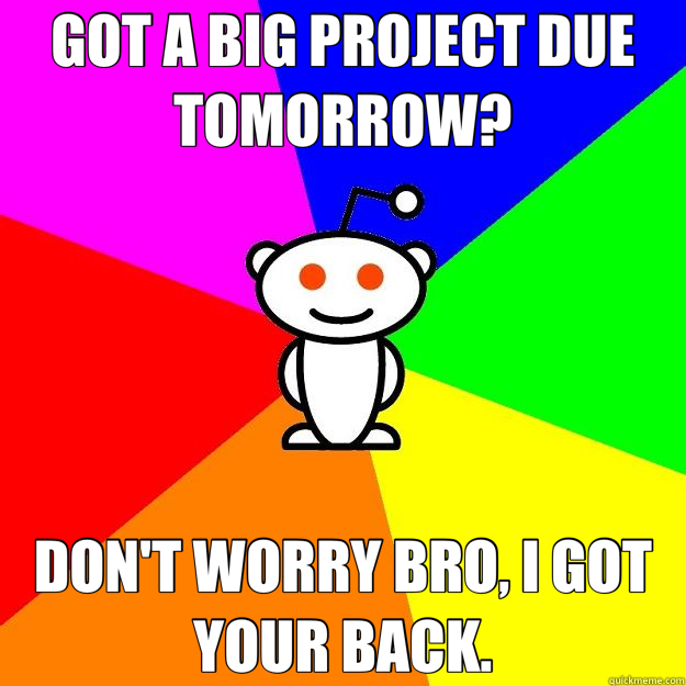 GOT A BIG PROJECT DUE TOMORROW? DON'T WORRY BRO, I GOT YOUR BACK.  Reddit Alien