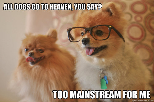 All dogs go to heaven, you say?                                                                 Too mainstream for me                                             Hipster Pomeranian