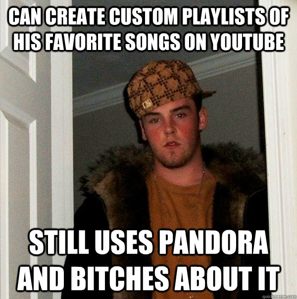 Can create custom playlists of his favorite songs on youtube still uses pandora and bitches about it  Scumbag Steve